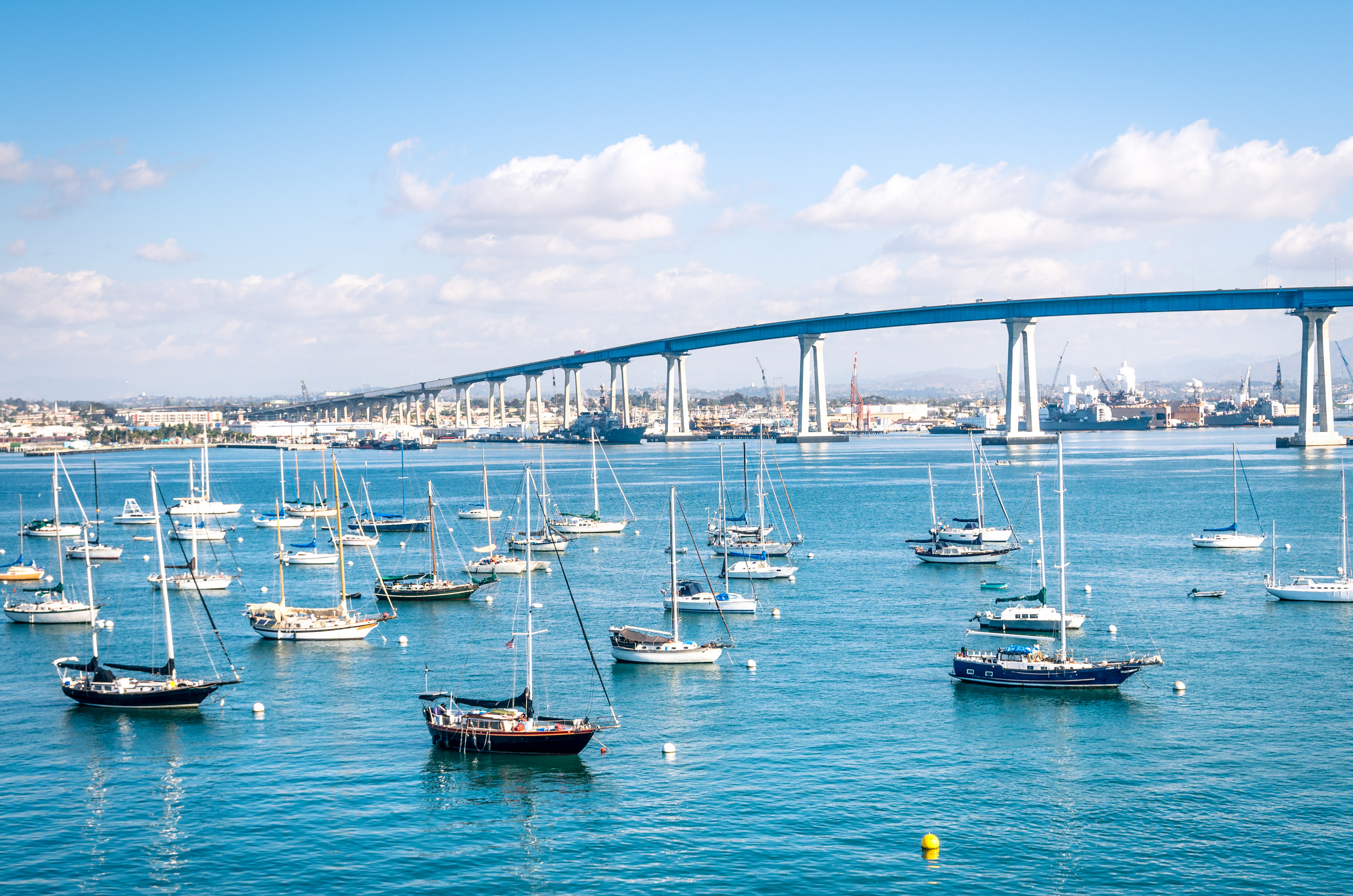 San Diego waterfront with sailing Boats - Industrial harbor and C